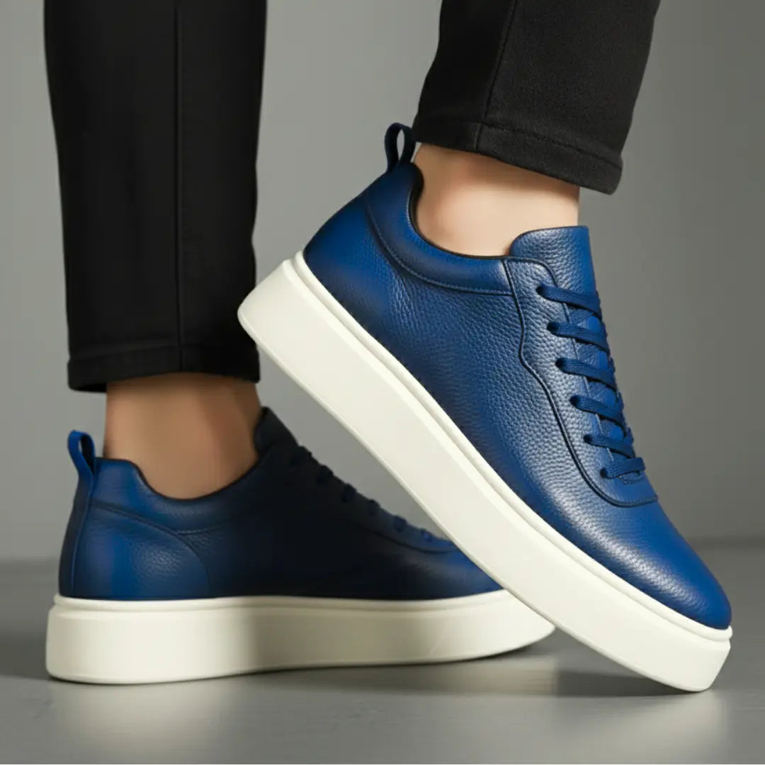 Sneakers Bleu en Cuir Grainé  - Tres Confortable