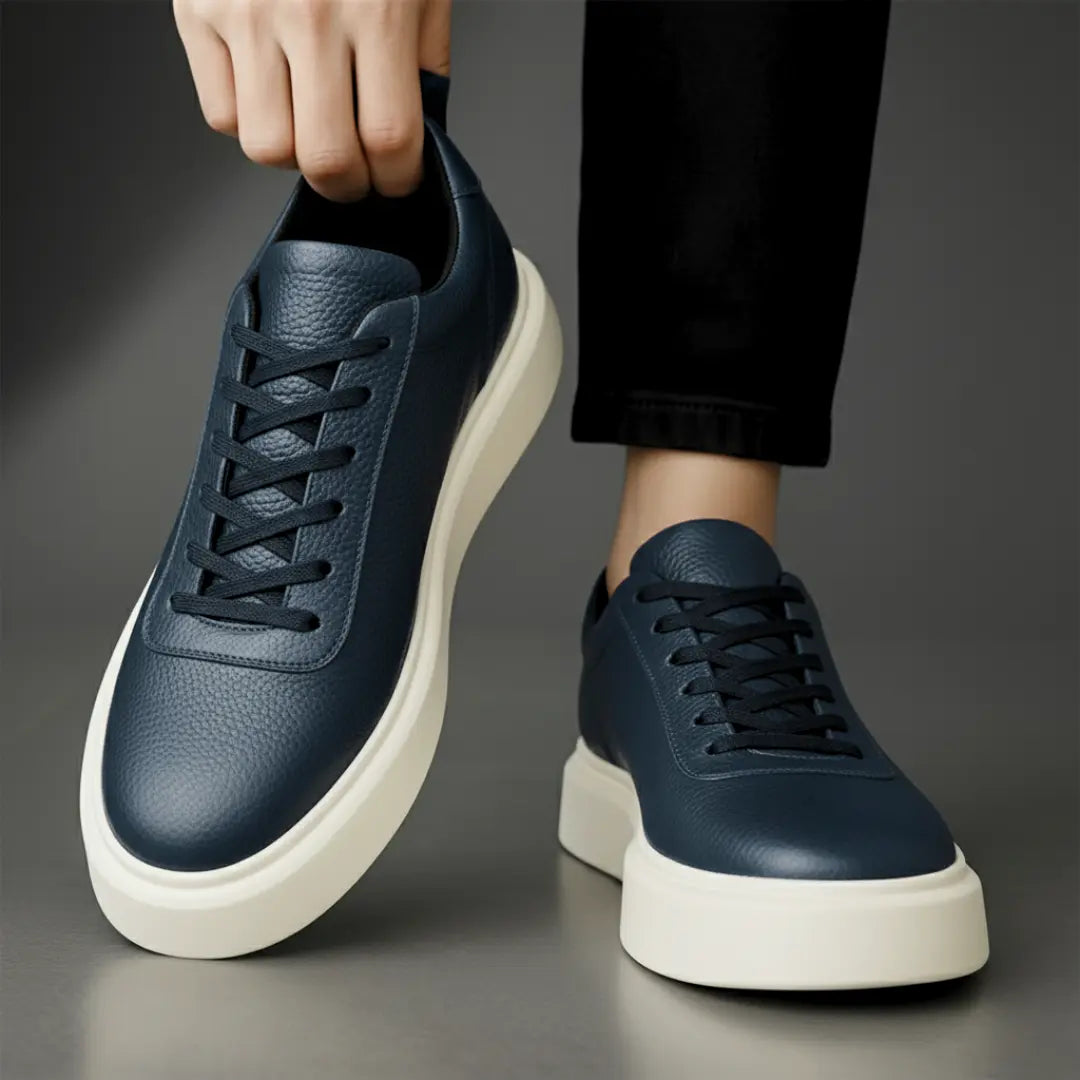 Sneakers BleuMarine en Cuir Grainé  - Tres Confortable